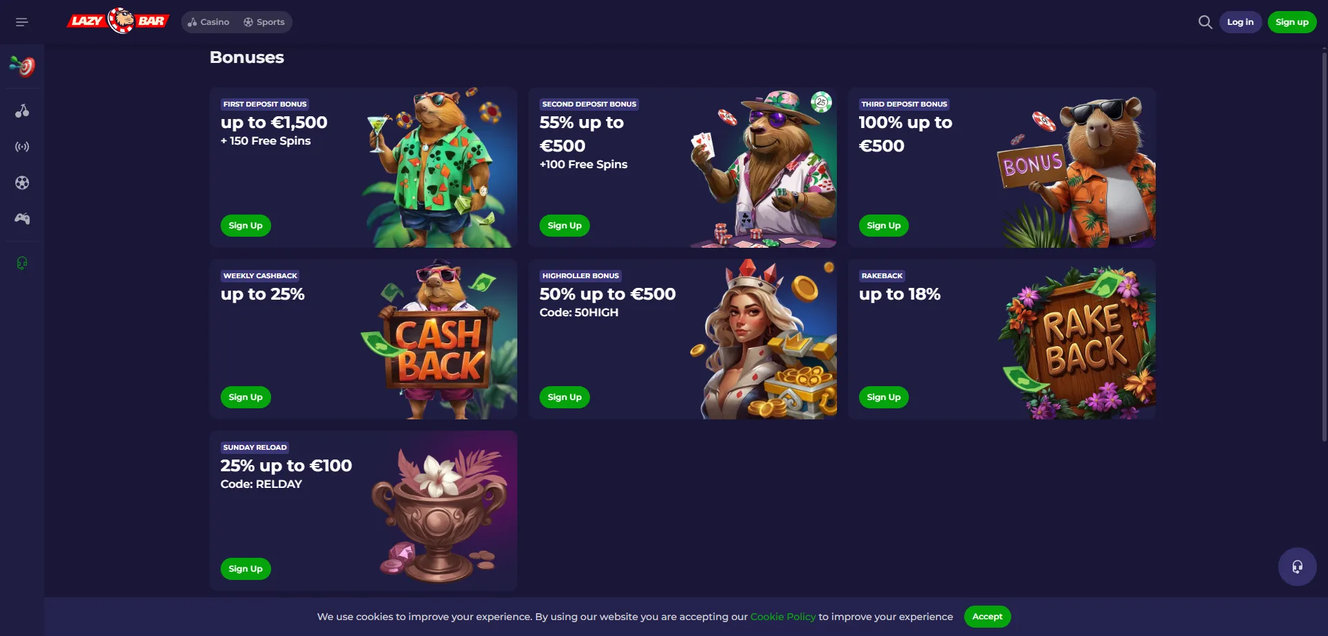 Lazybar Casino bonus di benvenuto fino a €450 più 250 giri gratuiti